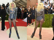 <p>La también conocida como Costume Institute Gala siempre destaca por su extravagancia. Vestida de Versace y sin pantalones, así llegaba Lady Gaga a la edición más futurista. (Foto: Getty Images). </p>