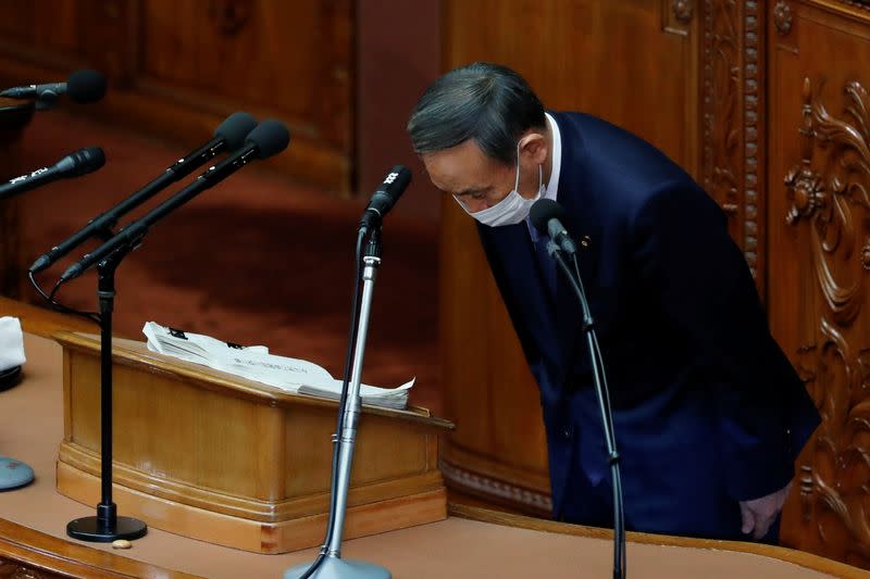 Japanese Prime Minister Yoshihide Suga gives his first policy speech in parliament in Tokyo