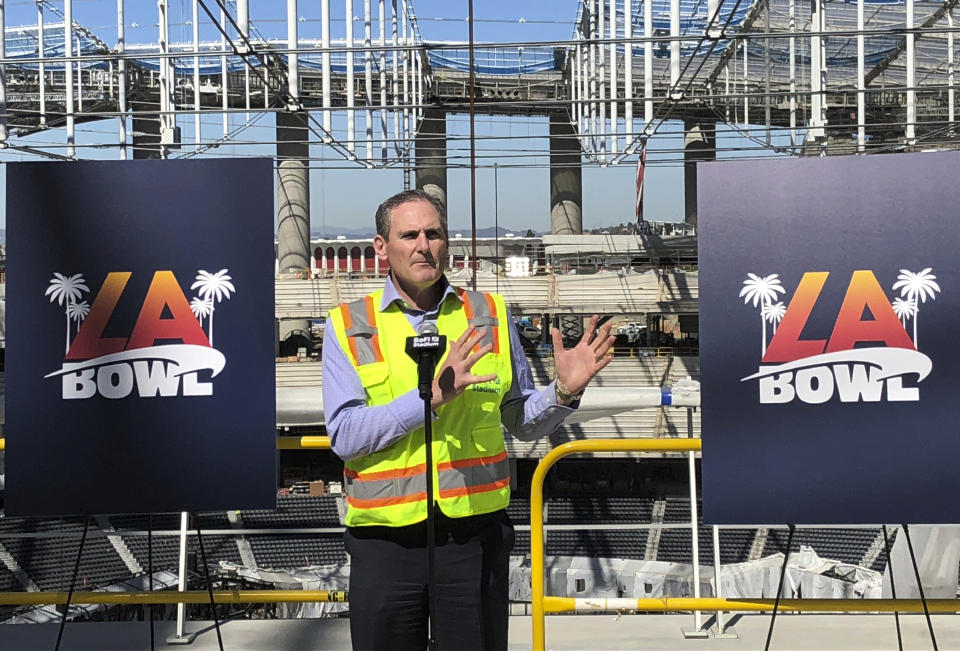 Pac-12 Commissioner Larry Scott speaks Wednesday, Feb. 26, 2020, about the new college football bowl game to be held at SoFi Stadium in Inglewood, Calif. The LA Bowl will match opponents from the Pac-12 and Mountain West conferences in December at the multibillion-dollar stadium, which is scheduled to open in July. (AP Photo/Greg Beacham)