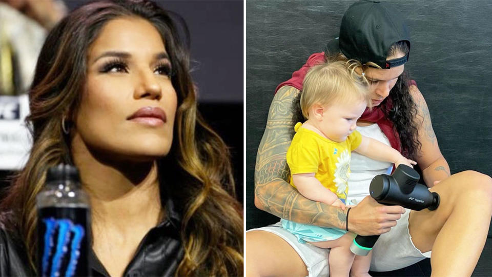 On the left is Julianna Pena alongside fellow UFC star Amanda Nunes, who is holding her baby girl.