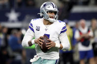 ARLINGTON, TEXAS - DECEMBER 29: Dak Prescott #4 of the Dallas Cowboys drops back to pass in the third quarter against the Washington Redskins in the game at AT&T Stadium on December 29, 2019 in Arlington, Texas. (Photo by Ronald Martinez/Getty Images)