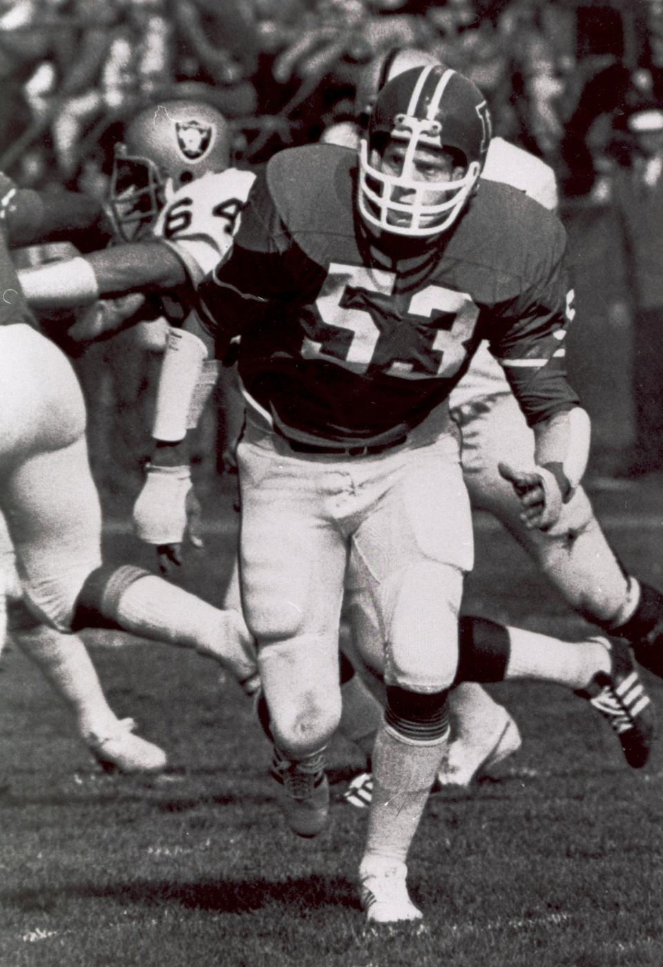 Broncos linebacker Randy Gradishar follows the action vs. the Oakland Raiders, Dec. 30, 1977, in Denver.