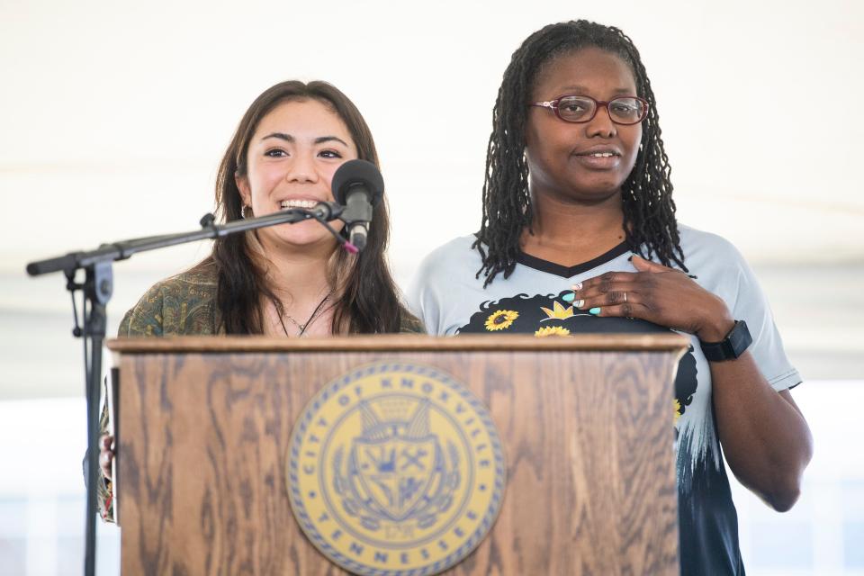 Knoxville's poet laureate Rhea Carmon, right, performs at Knoxville Mayor Indya Kincannon's state of the city address in 2022. She is joined by Melody Dalili, a previous youth poet laureate for the city of Knoxville.