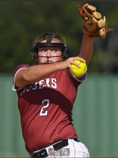 Dewey High School pitcher Reagan White is totally focused during home softball action in late August 2023.