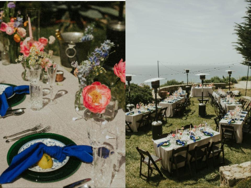 A side-by-side of a table setting and tables set up at an outdoor wedding.
