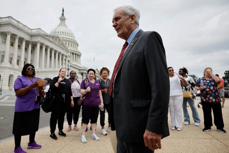 Democratic congressman Lloyd Doggett joins members of the Service Employees International Union in Washington DC on June 5. He became the first sitting Democratic member of Congress to call on Joe Biden to drop out of the presidential race on July 2. (Getty Images)