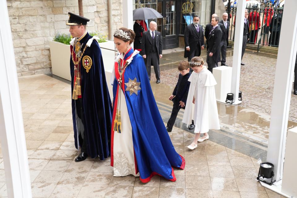 Prince William and Kate Middleton arrive for the Coronation of King Charles III on May 6, 2023. (Dan Charity/pool photo via AP)