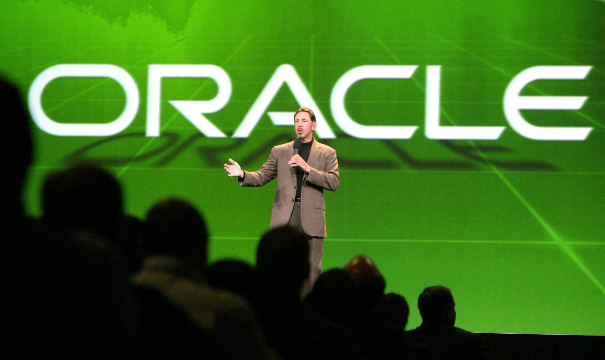 Oracle Corporation CEO Larry Ellison gestures as he delivers a keynote address at the 2003 Oracle World Conference September 9, 2003 in San Francisco, California.