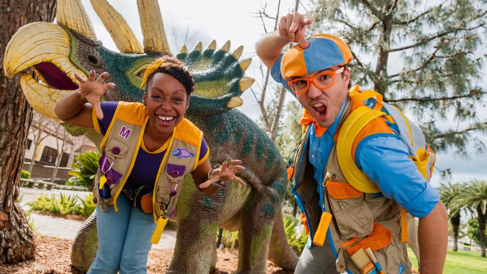 Blippi and his bestie Meekah are on a hunt for dinosaur eggs in “Blippi’s Big Dino Adventure.”
(Credit: Provided by Blippi)