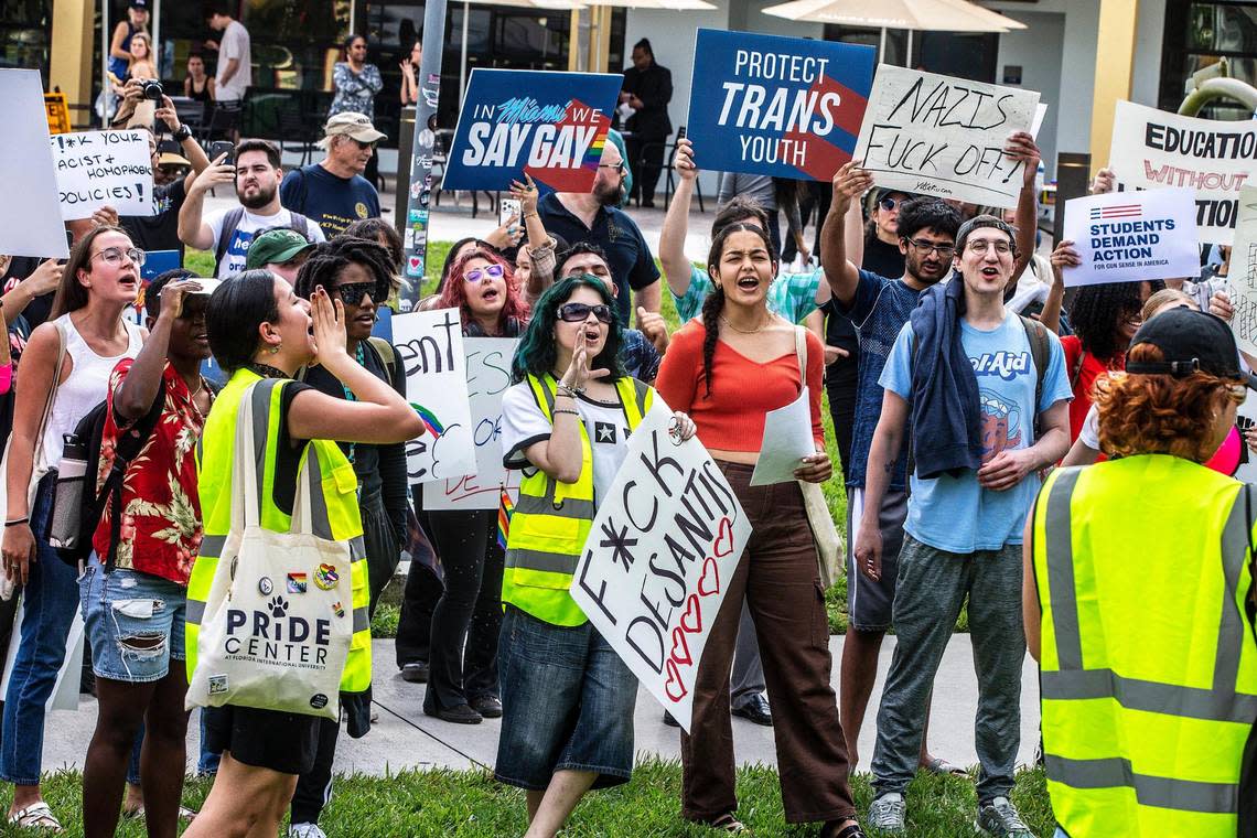 A group of Florida International University students, staff and community members participated in the “Fight for Florida Students and Workers” protest against Gov. Ron DeSantis’ education agenda, both in the K-12 and higher education levels,Thursday, Feb. 23, 2023.