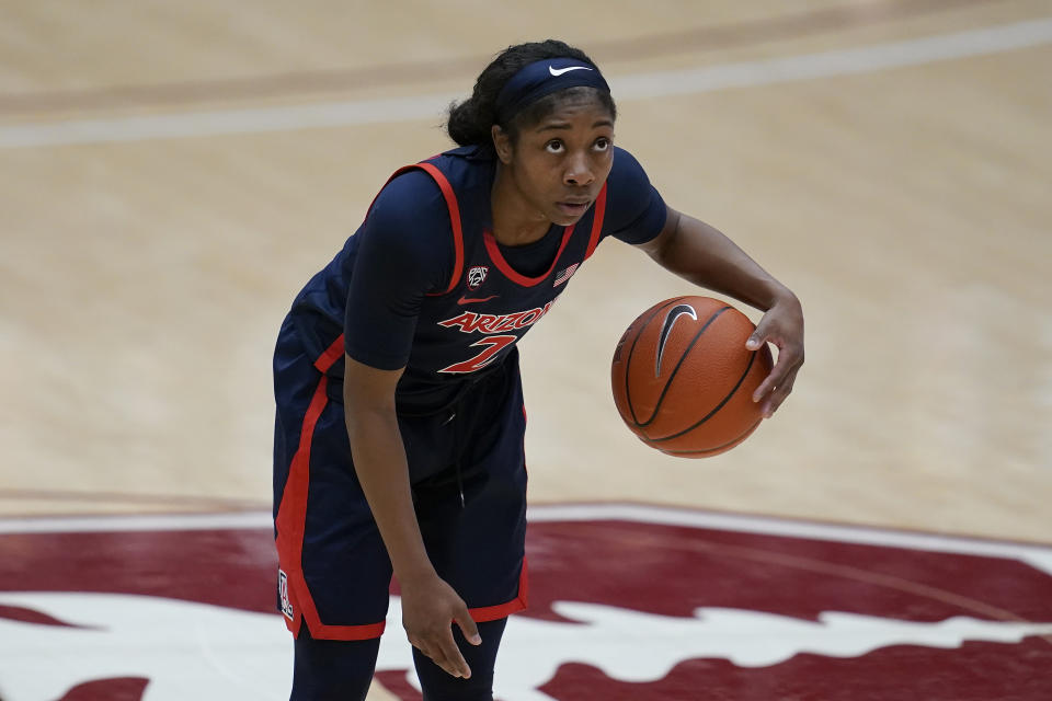 Aari McDonald with the ball in one hand staring down the court.