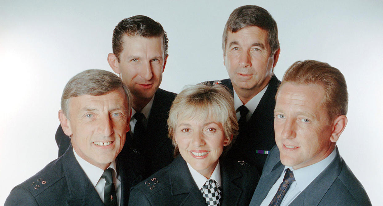 Sgt Bob Cryer (Eric Richard), PC Reg Hollis (Jeff Stewart), Sgt June Ackland (Trudi Goodwin), Chief Spt Charles Brownlow (Peter Ellis), DS Jim Carver (Mark Wingett) starred in The Bill. (ITV/Shutterstock)