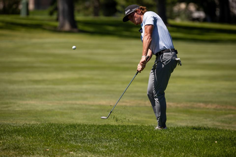 Carson Lundell chips onto the green during the Utah Championship, part of the PGA Korn Ferry Tour, at Oakridge Country Club in Farmington on Saturday, Aug. 5, 2023. | Spenser Heaps, Deseret News