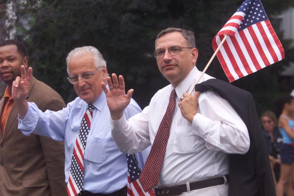 Peter Eagler, right, in Montclair's Independence Day Parade in Montclair, N.J. July 4, 2001. Eagler was a candidate for the state assembly at the time. Also pictured is U.S. Rep. Bill Pascrell.