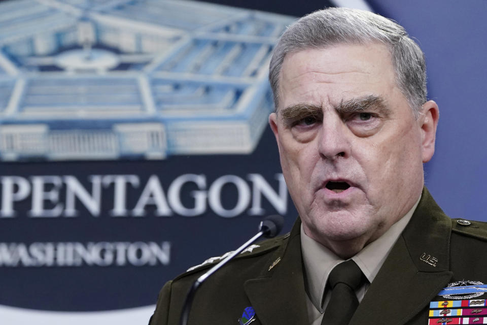 FILE - In this Sept. 1, 2021 file photo, Chairman of the Joint Chiefs of Staff Gen. Mark Milley speaks during a briefing with Secretary of Defense Lloyd Austin at the Pentagon in Washington. The top U.S. military officer met with his Russian counterpart Wednesday Sept. 22, 2021, against the backdrop of U.S. struggles to get military basing rights and other counterterrorism support in countries bordering Afghanistan — a move Moscow has flatly opposed. (AP Photo/Susan Walsh, File)