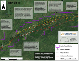 Figure 4: Drilling highlights covering ~15 km of strike length (West Block). Drilling by Fatima Mining (1956-1958) and McKinnon Prospecting (1988-1993). Modern airborne geophysics was conducted in 2013 (GTA Resources and Mining) with many untested EM anomalies.