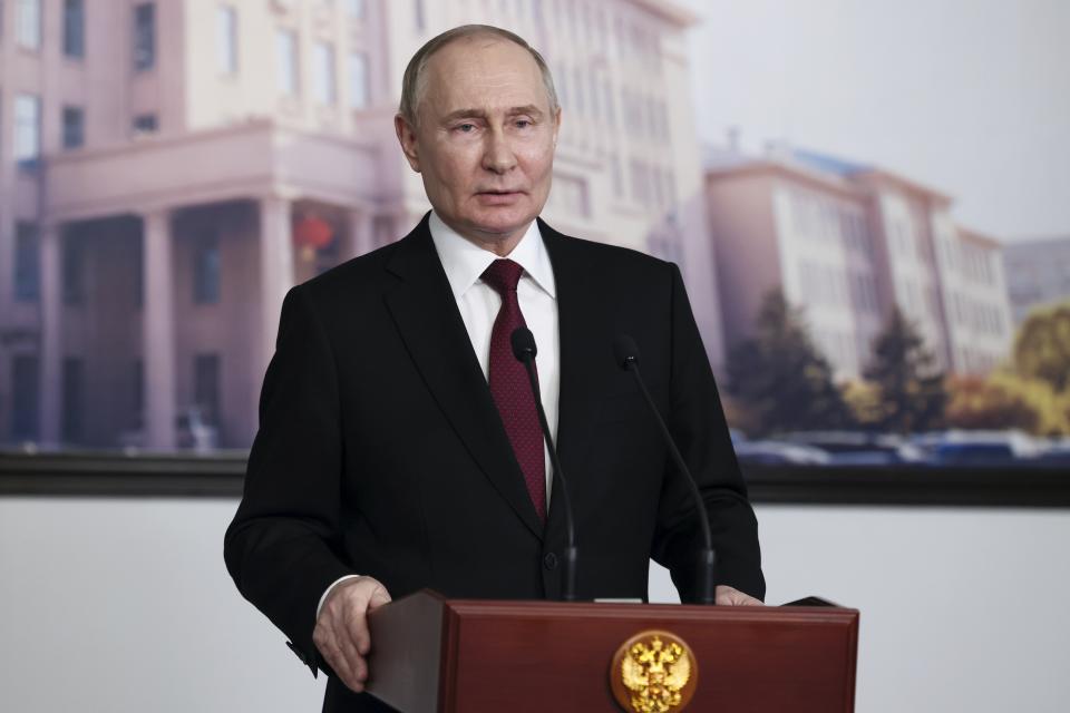 Russian President Vladimir Putin speaks to Russian journalists in Harbin, northeastern China's Heilongjiang Province, on Friday, May 17, 2024. (Mikhail Metzel, Sputnik, Kremlin Pool Photo via AP)