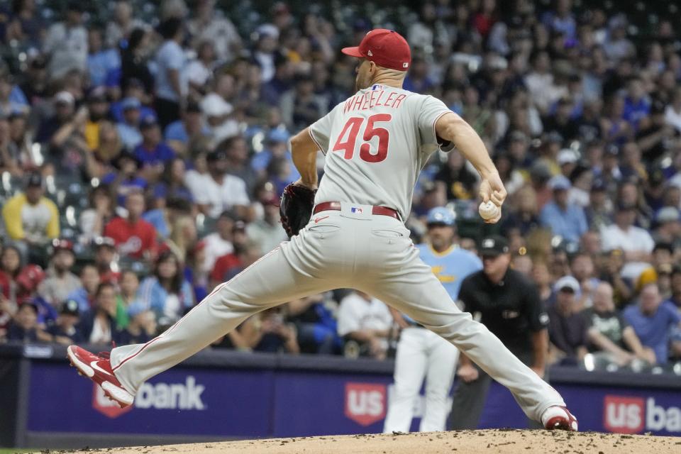 Philadelphia Phillies starting pitcher Zack Wheeler throws during the first inning of a baseball game against the Milwaukee Brewers Friday, Sept. 1, 2023, in Milwaukee. (AP Photo/Morry Gash)