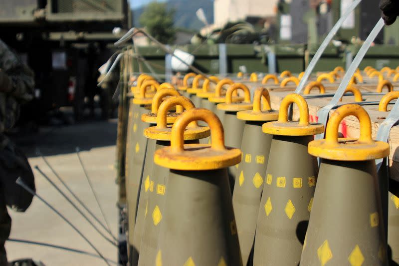 FILE PHOTO: 155mm Base Burn Dual Purpose Improved Conventional Munitions (DPICM) rounds wait to be loaded in South Korea