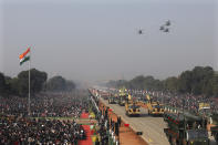 India's Republic Day parade marches through Rajpath, the ceremonial boulevard in New Delhi, India, Sunday, Jan. 26, 2020. Sunday's event that showcases India's military might and economic strength marks the anniversary of the country's democratic constitution taking force in 1950. (AP Photo/Manish Swarup)