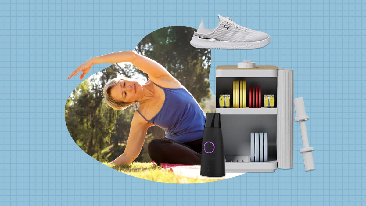 An image of an older woman doing yoga next to a collage of images of fitness products.