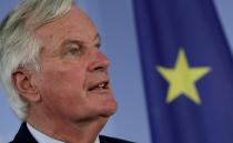 EU brexit Chief Negotiator Michel Barnier addresses the media during a joint press conference with German Foreign Minister Heiko Maas after a meeting at the foreign ministry in Berlin, Germany, Monday, Sept. 23, 2019. (AP Photo/Michael Sohn)