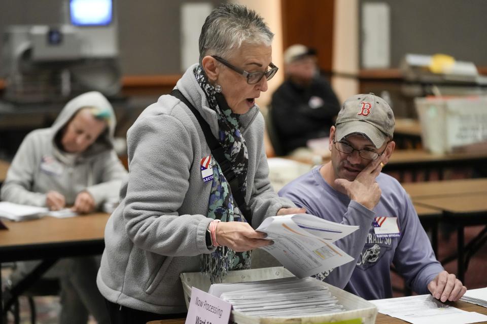 FILE - Workers count absentee ballots at the Wisconsin Center for the midterm election on Nov. 8, 2022, in Milwaukee. (AP Photo/Morry Gash, File)