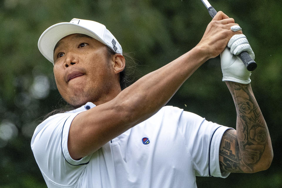 Wild Card player, Anthony Kim hits his shot from the fifth tee during the second round of the LIV Golf tournament at the Hong Kong Golf Club Fanling, Saturday, March 9, 2024 in Hong Kong. (Mike Stobe/LIV Golf via AP)