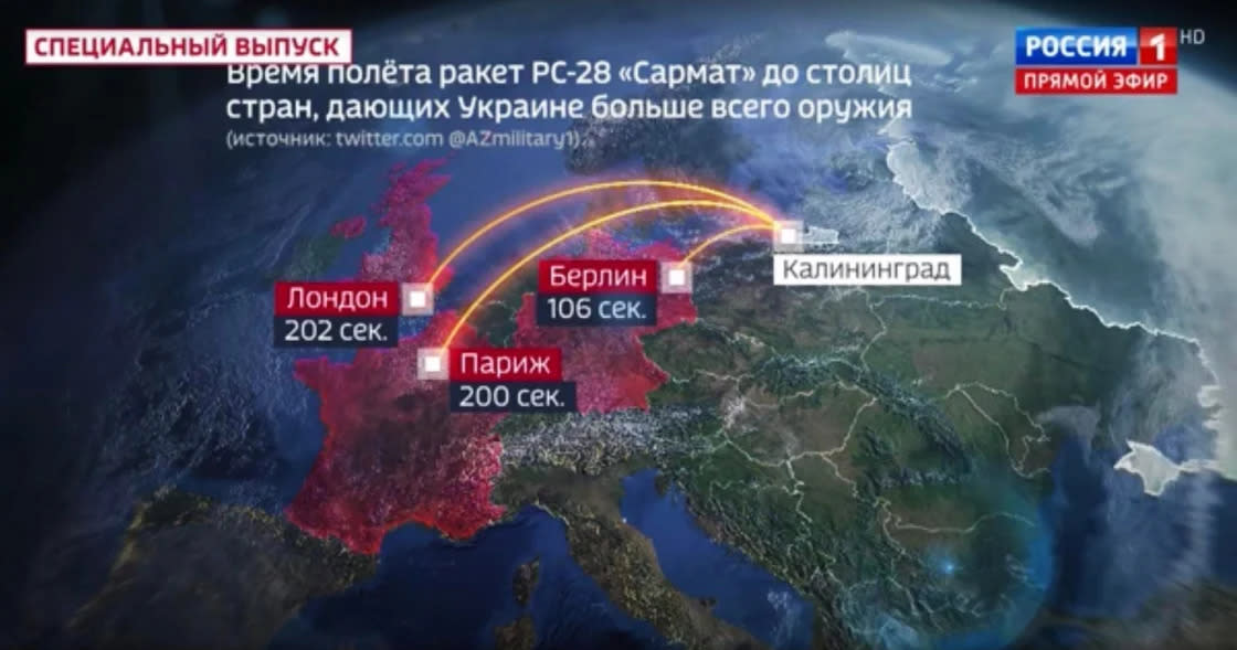 A depiction of Russian nuclear strikes on European countries, shown on Russian state TV