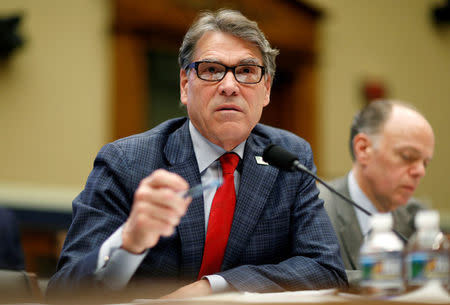FILE PHOTO: U.S. Secretary of Energy Rick Perry testifies to the House Energy and Commerce Committee on the "Fiscal Year 2019 Department of Energy Budget" on Capitol Hill in Washington, U.S., April 12, 2018. REUTERS/Joshua Roberts/File Photo