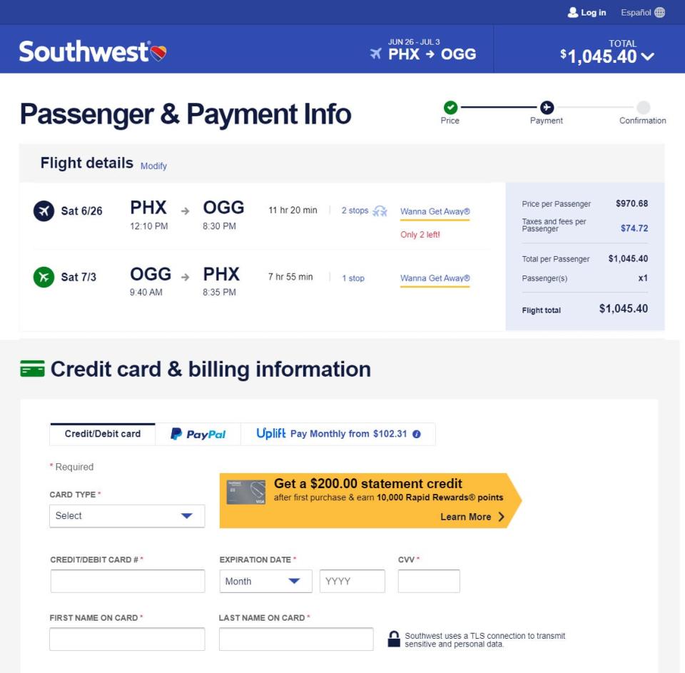 Southwest Airlines has added a new financing option via Uplift for plane tickets. Instead of paying more than $1,000 upfront for a ticket to Hawaii, travelers can select monthly payments starting at $102 for 11 months depending on credit, as seen in these screenshots.