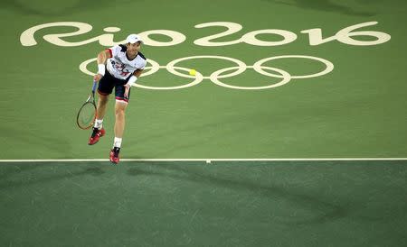 2016 Rio Olympics - Tennis - Final - Men's Singles Gold Medal Match - Olympic Tennis Centre - Rio de Janeiro, Brazil - 14/08/2016. Andy Murray (GBR) of Britain in action against Juan Martin Del Potro (ARG) of Argentina. REUTERS/Kevin Lamarque