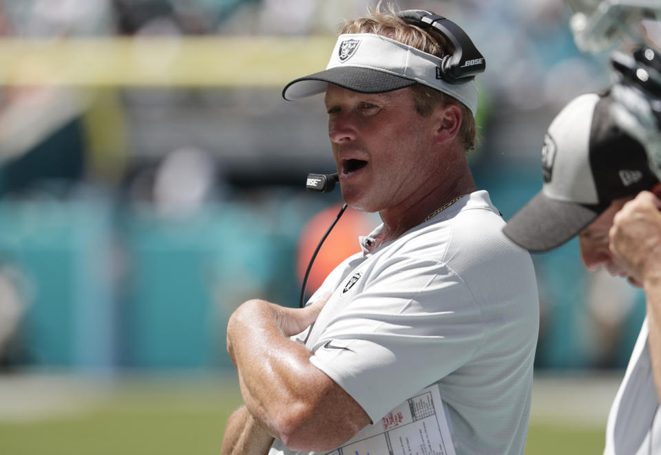 Jon Gruden told reporters Sunday that late-game collapses from the Raiders are “my responsibility to fix.” (AP)