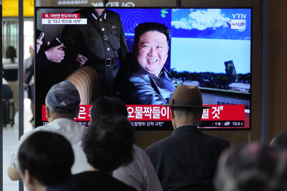 A TV screen shows a file image of North Korean leader Kim Jong Un during a news program at the Seoul Railway Station in Seoul, South Korea, Thursday, May 30, 2024. North Korea on Thursday fired a barrage of suspected ballistic missiles toward its eastern sea, according to South Korea's military, days after its attempt to launch a military reconnaissance satellite ended in failure but still drew strong condemnation from its rivals. (AP Photo/Ahn Young-joon)