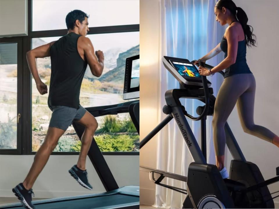 Person running on a treadmill; person working out on an elliptical