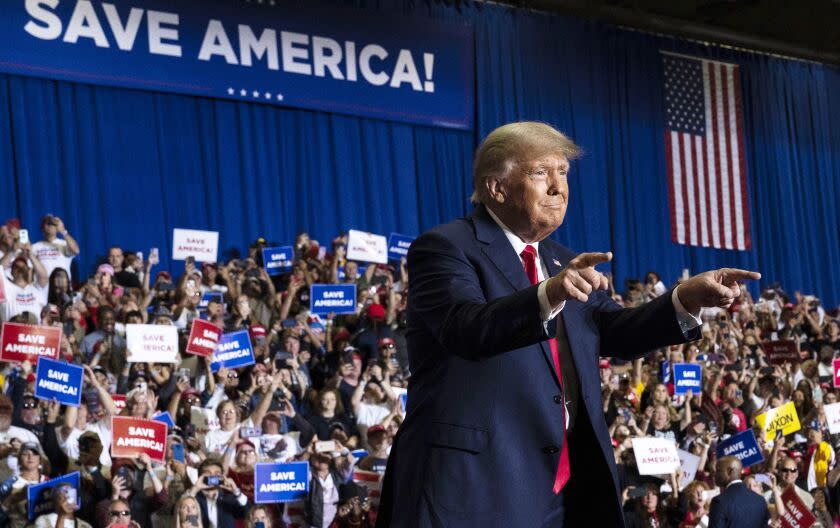 Former President Donald Trump speaks at a rally at Macomb Community College in Warren, Michigan