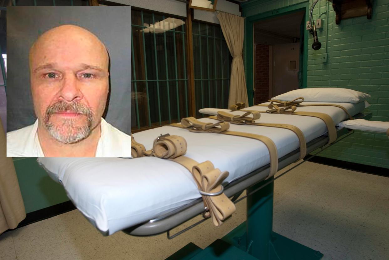 Rick Rhoades, inset, and the execution chamber at the state penitentiary in Huntsville, Texas. (AP/Reuters)