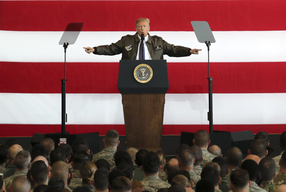 <p>President Donald Trump delivers a speech for the U.S. troops at the U.S. Yokota Air Base, on the outskirts of Tokyo, Sunday, Nov. 5, 2017. (Photo: Eugene Hoshiko/AP) </p>