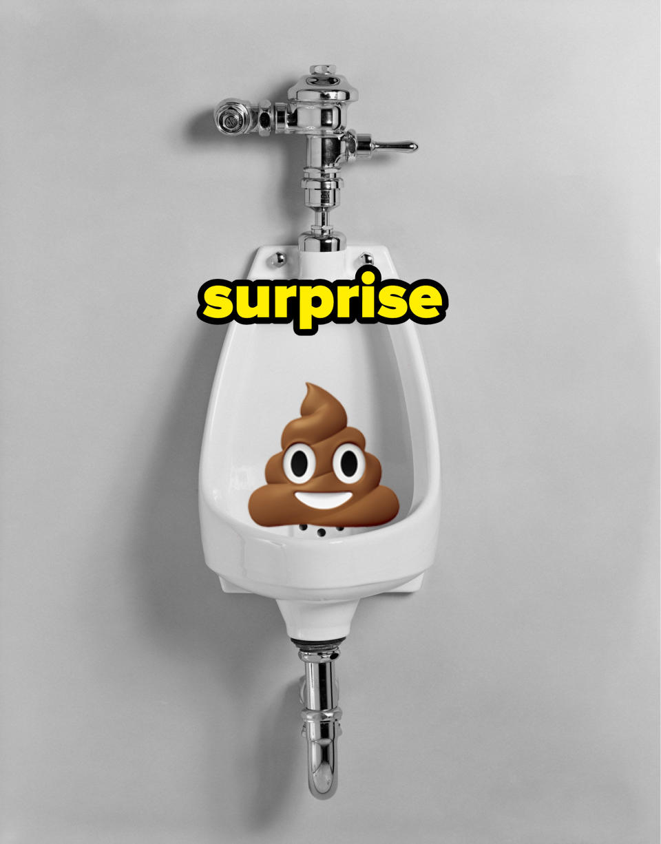 A poop emoji in a urinal with text saying, "Surprise!"