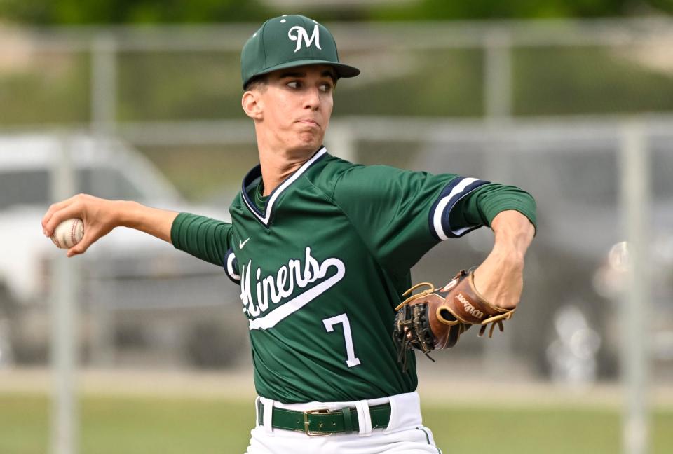 El Diamante's Matthew Bettencourt pitches against Mt. Whitney in a West Yosemite League high school baseball game Tuesday, April 26, 2022. 