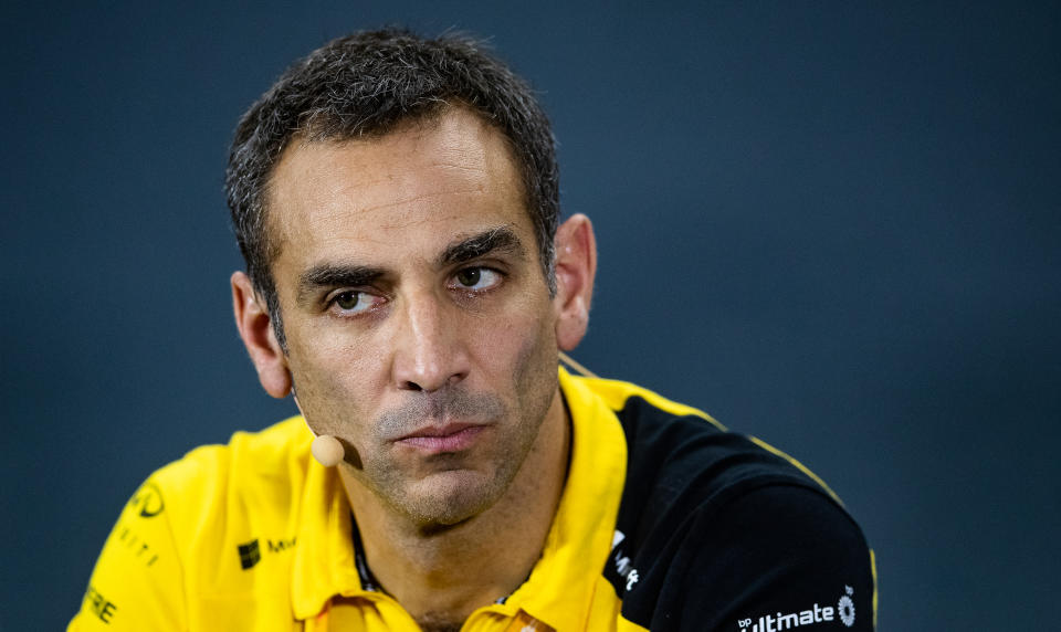 SINGAPORE, SINGAPORE - SEPTEMBER 20: Renault Sport F1 Managing Director Cyril Abiteboul looks on in the Team Principals Press Conference during practice for the F1 Grand Prix of Singapore at Marina Bay Street Circuit on September 20, 2019 in Singapore. (Photo by Lars Baron/Getty Images)