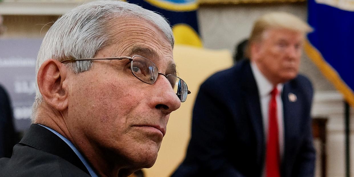 National Institute of Allergy and Infectious Diseases Director Dr. Anthony Fauci attends a coronavirus response meeting between U.S. President Donald Trump and Louisiana Governor John Bel Edwards in the Oval Office at the White House in Washington, U.S., April 29, 2020. REUTERS/Carlos Barria   