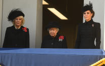 The Duchess of Cornwall, the Queen and the Duchess of Cambridge watched from a balcony during the Remembrance Sunday service at the Cenotaph memorial in Whitehall, central London (Picture: PA)