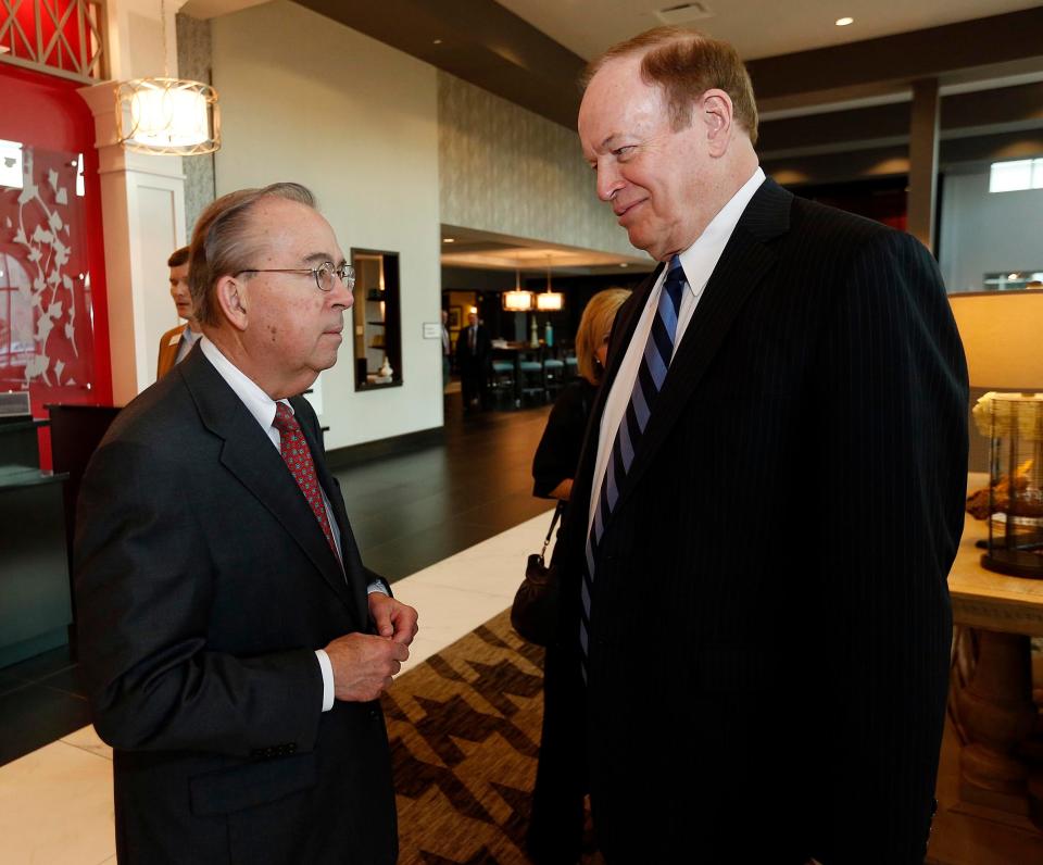 United States Sen. Richard Shelby visits with then-University of Alabama Chancellor Robert Witt in the lobby of the Embassy Suites in Tuscaloosa, Ala. on Tuesday March 31, 2015. [Staff file photo]