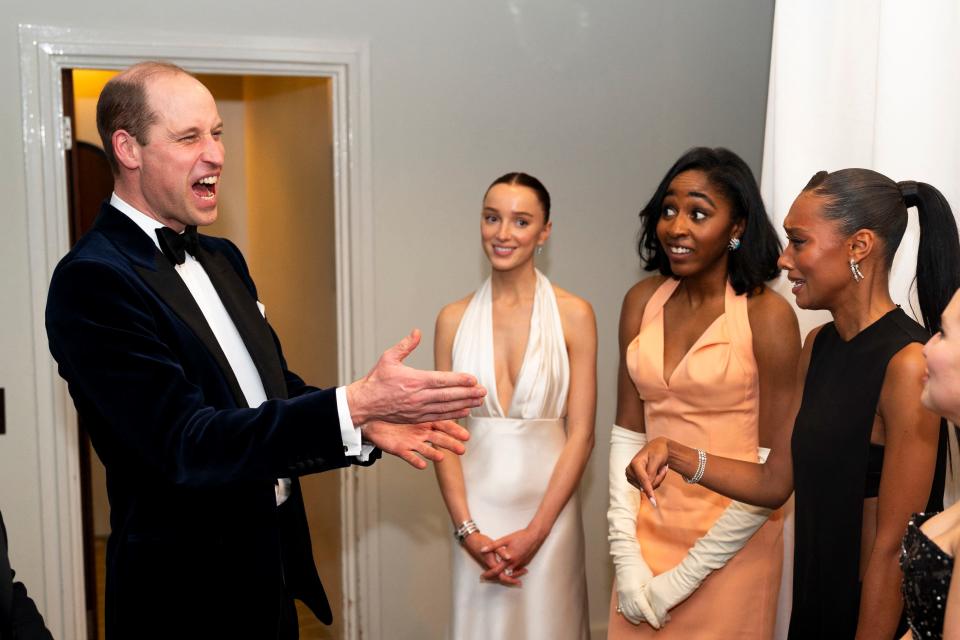 Prince William meets Rising Star recipients Phoebe Dynevor, Ayo Edebiri, Sophie Wilde and Mia McKenna Bruce after the BAFTA ceremony.