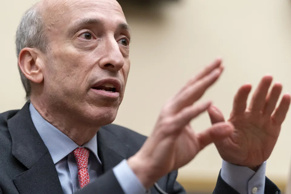 Securities and Exchange Commission (SEC) Chair Gary Gensler testifies during a House Financial Services Committee hearing on oversight of the SEC, Tuesday, April 18, 2023, on Capitol Hill in Washington. (AP Photo/Jacquelyn Martin)