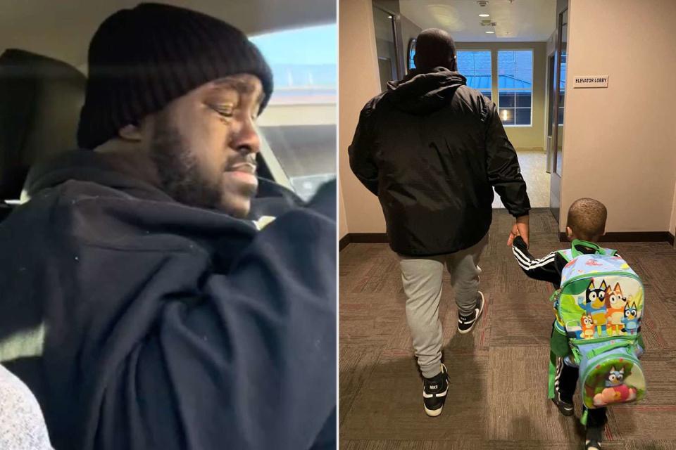 <p>Mary Mo Harper/TikTok, Courtesy of Mary and Samajee Harper</p> Samajee Harper crying (L), Samajee Harper walking son Isaiah into his first day of preschool (R)