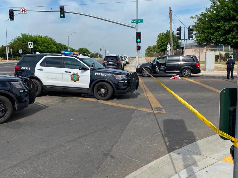 Officers investigate the scene of a domestic violence related shooting in southwest Fresno on Monday, June 5, 2023, police said.