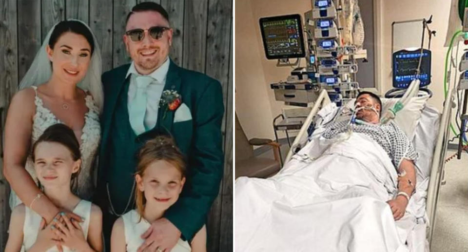 Kyle Heeley with his wife Jodiey and their two daughters on their wedding day. Kyle in a coma in a hospital bed. 