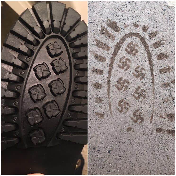 Boots recalled after owner discovers swastika footprints